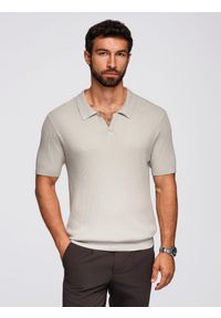 Ombre Clothing - Koszulka męska polo bez guzików z otwartym kołnierzykiem – jasnoszara V3 - Rozmiar: M. Typ kołnierza: polo. Kolor: szary. Materiał: wiskoza, prążkowany, dzianina, elastan, nylon. Styl: klasyczny, elegancki