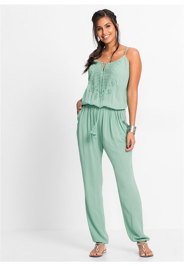 bonprix - Kombinezon ze strukturalnej wiskozy. Kolor: zielony. Materiał: wiskoza, koronka. Długość rękawa: na ramiączkach. Wzór: koronka