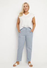 Born2be - Niebieskie Spodnie z Lnem i Elastyczną Gumką w Pasie Nativena. Okazja: na co dzień. Kolekcja: plus size. Kolor: niebieski. Materiał: len. Styl: casual