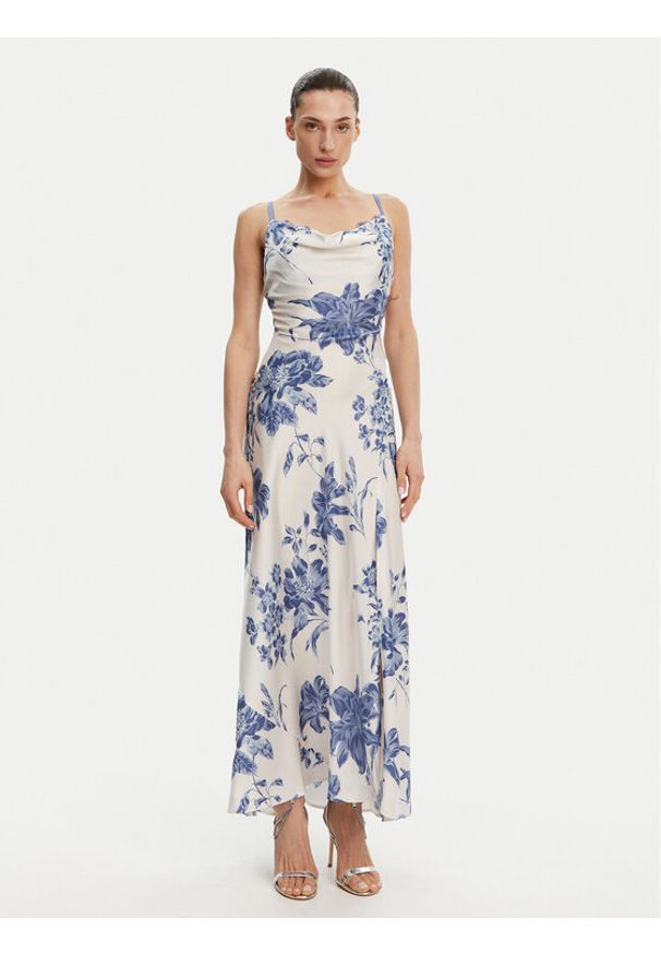 Guess Sukienka wieczorowa W5GT10 WF1T2 Écru Slim Fit. Materiał: satyna, syntetyk. Styl: wizytowy