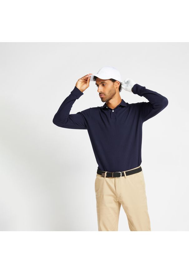 INESIS - Koszulka polo do golfa z długim rękawem męska MW500. Typ kołnierza: golf, polo. Kolor: niebieski. Materiał: bawełna, materiał, poliester. Długość rękawa: długi rękaw. Długość: długie. Styl: sportowy