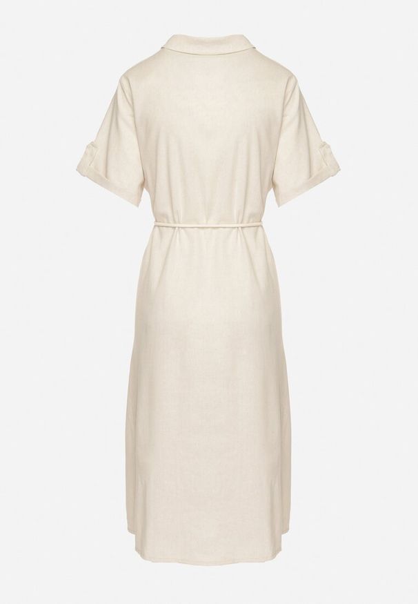 Born2be - Beżowa Bawełniana Sukienka o Koszulowym Kroju Zdobiona Haftem Savidelle. Okazja: na spacer, na co dzień. Kolor: beżowy. Materiał: bawełna. Długość rękawa: krótki rękaw. Wzór: haft, aplikacja. Typ sukienki: koszulowe. Styl: casual, elegancki. Długość: midi