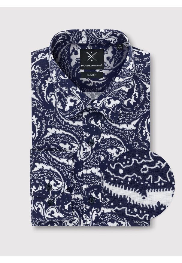 Pako Lorente - PAKO LORENTE – Granatowa koszula w oryginalny wzór. Okazja: na co dzień. Kolor: niebieski. Styl: casual