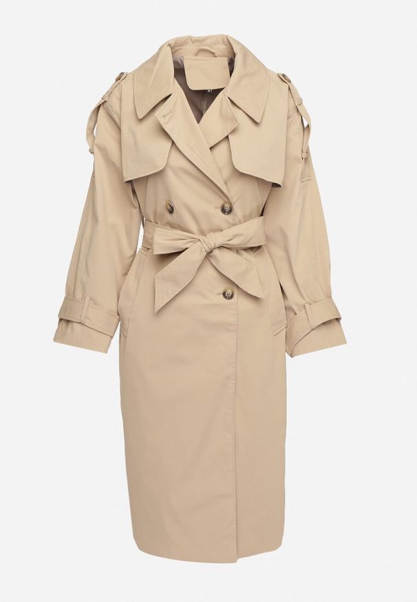 Born2be - Ciemnobeżowy Dwurzędowy Płaszcz Trencz z Wiązanym Paskiem Rozcięciem i Klapą Terezi. Okazja: na co dzień. Kolor: beżowy. Materiał: jeans. Styl: elegancki, klasyczny, casual