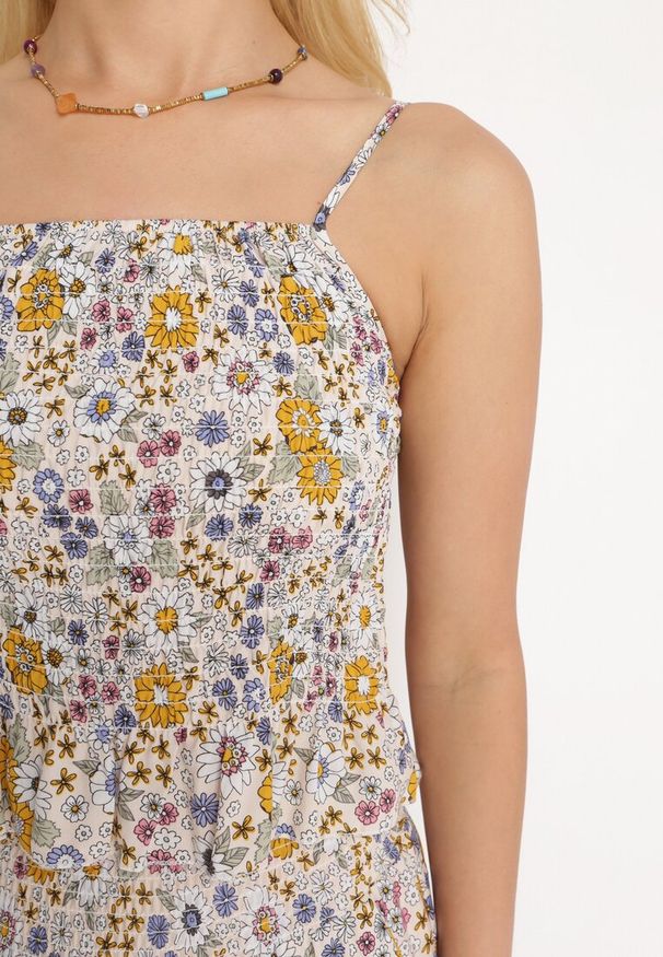 Born2be - Beżowy Bawełniany Komplet Top na Ramiączkach z Marszczeniami Spodnie z Gumką w Pasie Elaruth. Kolor: beżowy. Materiał: bawełna. Wzór: kwiaty