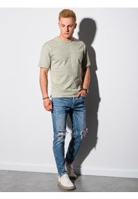 Ombre Clothing - T-shirt męski bawełniany S1379 - oliwkowy - XL. Kolor: oliwkowy. Materiał: bawełna. Długość: krótkie. Wzór: geometria
