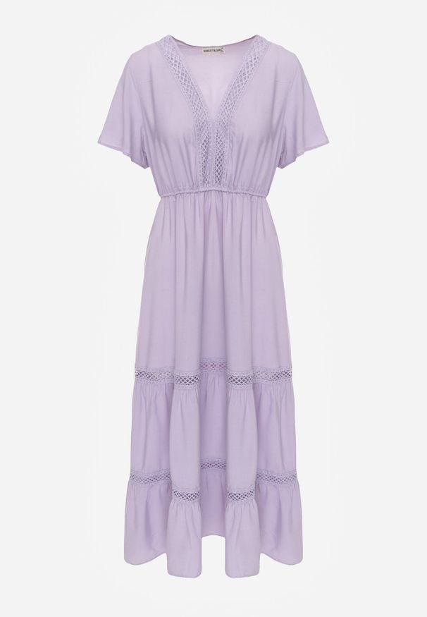 Born2be - Fioletowa Sukienka Maxi z Gumką w Pasie i Koronkowymi Wstawkami Anandia. Kolor: fioletowy. Materiał: koronka. Wzór: aplikacja. Długość: maxi