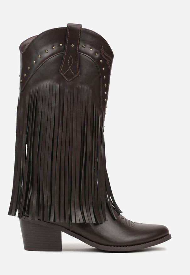 Renee - Brązowe Botki Kowbojki na Stożku z Cholewką z Ćwiekami i Frędzlami Elles. Okazja: na imprezę. Kolor: brązowy. Materiał: jeans. Szerokość cholewki: normalna. Wzór: haft. Obcas: na stożku. Wysokość obcasa: średni