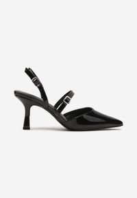 Renee - Czarne Szpilki Slingback Ozdobione Paskami i Metaliczną Wstawką Villexia. Okazja: na spotkanie biznesowe. Zapięcie: pasek. Kolor: czarny. Materiał: lakier. Wzór: aplikacja. Obcas: na szpilce. Styl: klasyczny, elegancki, biznesowy. Wysokość obcasa: średni #4