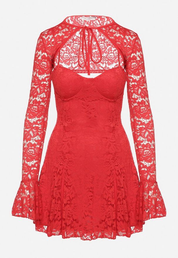 Born2be - Czerwona Rozkloszowana Sukienka Koktajlowa z Koronką i Bolerkiem Eyrfedi. Okazja: na wesele, na randkę, na ślub cywilny. Kolor: czerwony. Materiał: koronka. Długość rękawa: na ramiączkach. Wzór: koronka. Styl: wizytowy