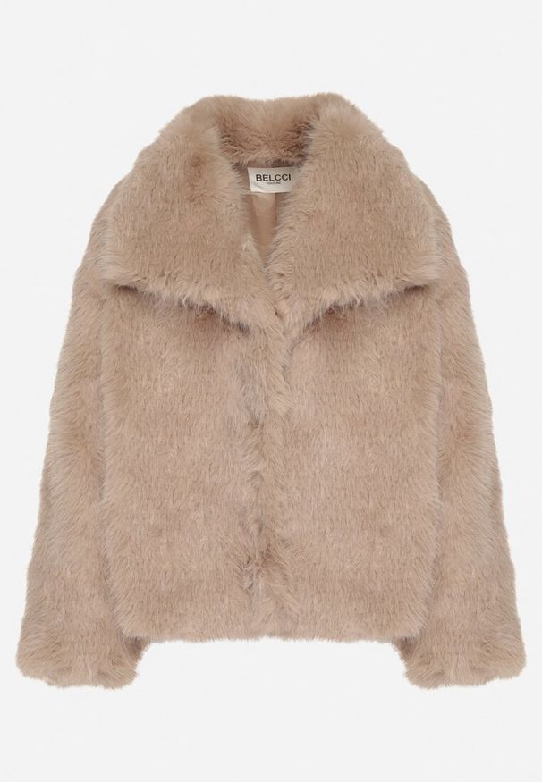 Born2be - Beżowa Jednorzędowa Kurtka Futerko z Szerokim Kołnierzem Conellia. Okazja: na co dzień. Kolor: brązowy. Materiał: futro. Styl: casual, elegancki