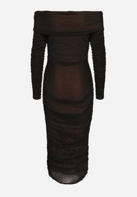 Born2be - Czarno-Brązowa Marszczona Sukienka Siateczkowa Hiszpanka z Wywiniętym Dekoltem Tinaveris. Typ kołnierza: dekolt hiszpanka. Kolor: czarny. Długość rękawa: długi rękaw. Sezon: lato. Styl: klasyczny, elegancki #6