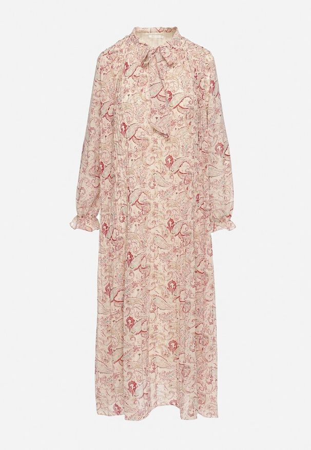 Born2be - Jasnobeżowa Sukienka Plisowana o Rozkloszowanym Kroju w Print Paisley z Wiązaniem na Dekolcie Rosamuna. Okazja: na co dzień. Kolor: beżowy. Wzór: paisley, nadruk. Styl: klasyczny, elegancki, casual