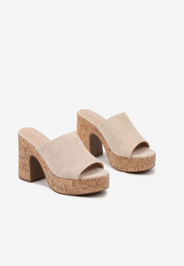 Renee - Beżowe Klapki Chodaki na Platformie i Słupku Venona. Okazja: na co dzień. Nosek buta: otwarty. Kolor: beżowy. Materiał: jeans. Sezon: lato. Obcas: na platformie. Styl: elegancki, casual