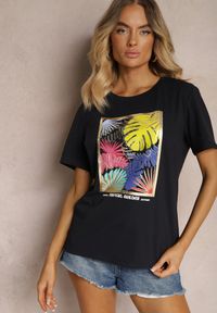 Renee - Czarny Casualowy T-shirt z Bawełny Ozdobiony Tropikalnym Motywem Adrinea. Okazja: na co dzień. Kolor: czarny. Materiał: bawełna. Wzór: aplikacja. Styl: casual #4