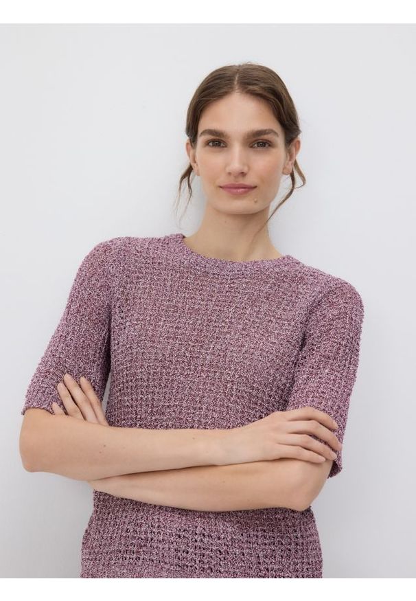 Reserved - Sweter z krótkimi rękawami - ciemnofioletowy. Kolor: fioletowy. Materiał: dzianina. Długość rękawa: krótki rękaw. Długość: krótkie