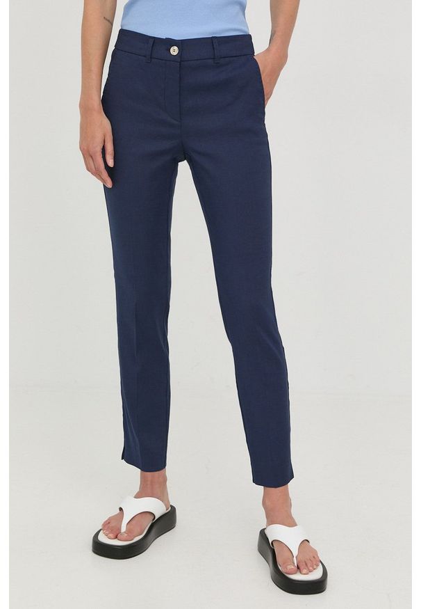Marella spodnie lniane damskie kolor granatowy fason cygaretki medium waist. Kolor: niebieski. Materiał: len