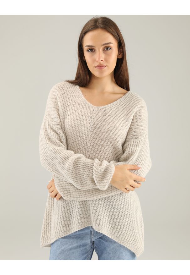 Unisono - SWETER Z MOHEREM I WEŁNĄ 220-6006 BEIGE. Materiał: wełna, moher