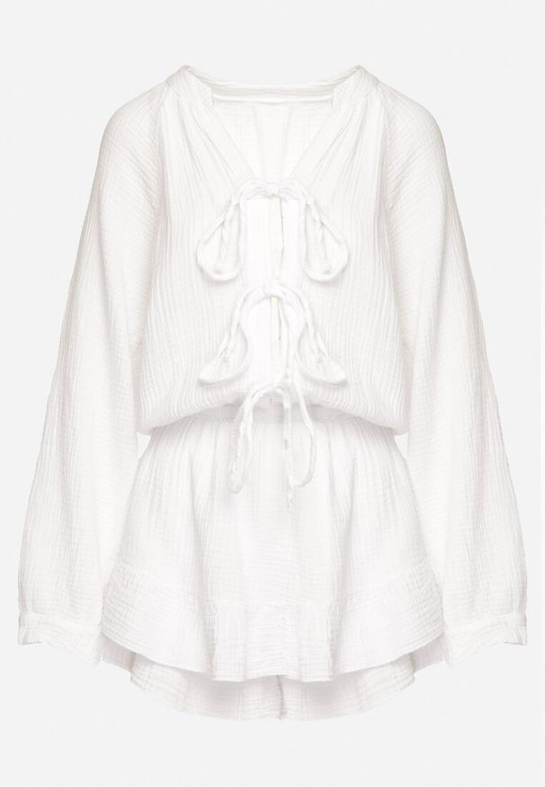 Born2be - Biały Wiązany Bawełniany Kombinezon Boho z Falbankami i Wiązaniem Lalelia. Okazja: na imprezę, na co dzień. Kolor: biały. Materiał: bawełna. Sezon: lato. Styl: boho