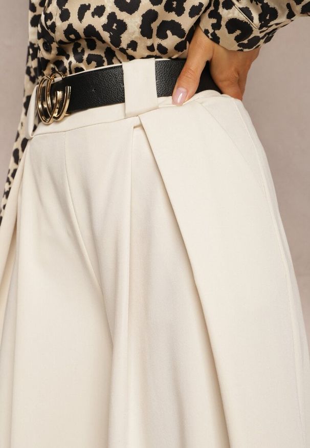 Renee - Beżowe Spodnie High Waist z Szerokimi Nogawkami i Paskiem Brillara. Stan: podwyższony. Kolor: beżowy
