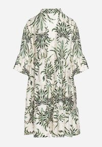 Born2be - Zielono-Beżowa Rozkloszowana Sukienka z Lnem z Metalicznym Nadrukiem Filasenia. Okazja: na spacer. Typ kołnierza: dekolt w kształcie V, kołnierz z falbankami. Kolor: zielony. Materiał: len. Wzór: nadruk. Sezon: lato. Styl: elegancki #4