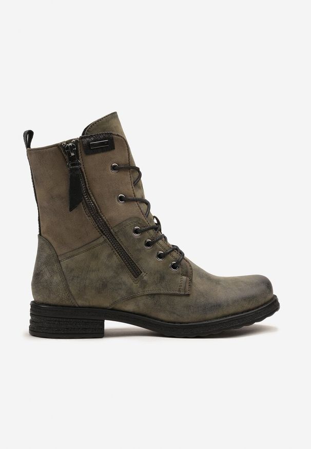 Born2be - Zielone Botki Workery ze Sznurowaniem i Zapięciem na Suwak Vemida. Okazja: na co dzień. Zapięcie: sznurówki. Kolor: zielony. Materiał: jeans. Obcas: na obcasie. Styl: klasyczny, casual, elegancki. Wysokość obcasa: niski