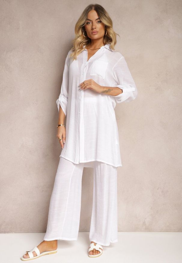 Renee - Biały Komplet Dwuczęściowy Koszula z Rękawem 3/4 Spodnie z Gumką w Talii i Rozcięciem Oeviana. Kolor: biały