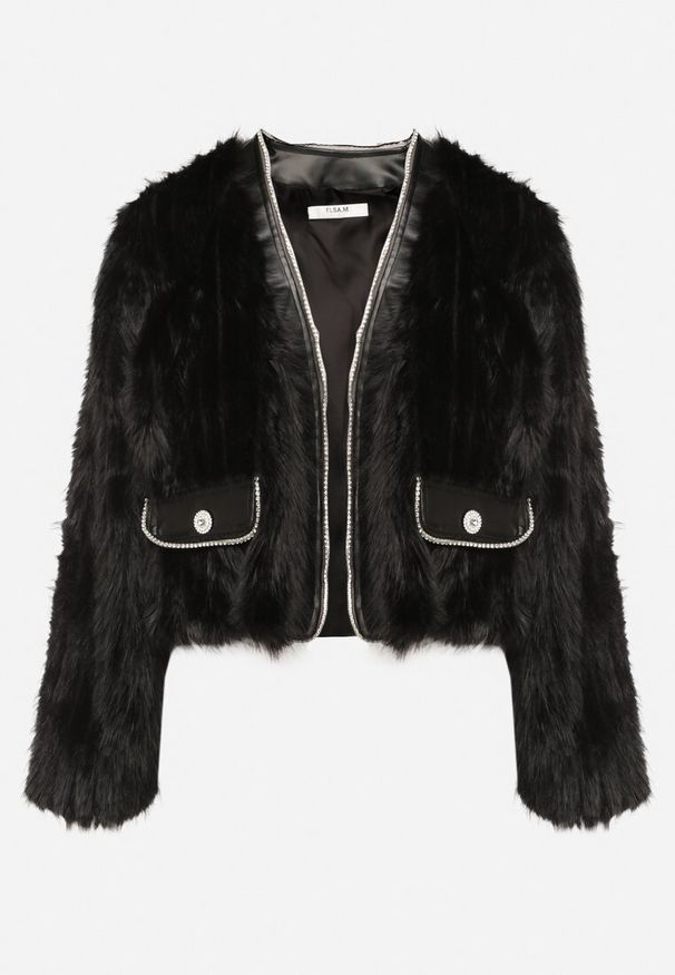 Born2be - Czarna Futrzana Kurtka Niezapinana z Cyrkoniami i Ozdobną Imitacją Kieszeni Bonizola. Okazja: na co dzień, na imprezę. Kolor: czarny. Materiał: futro. Długość rękawa: długi rękaw. Długość: krótkie. Wzór: aplikacja. Styl: glamour, casual, wizytowy, elegancki