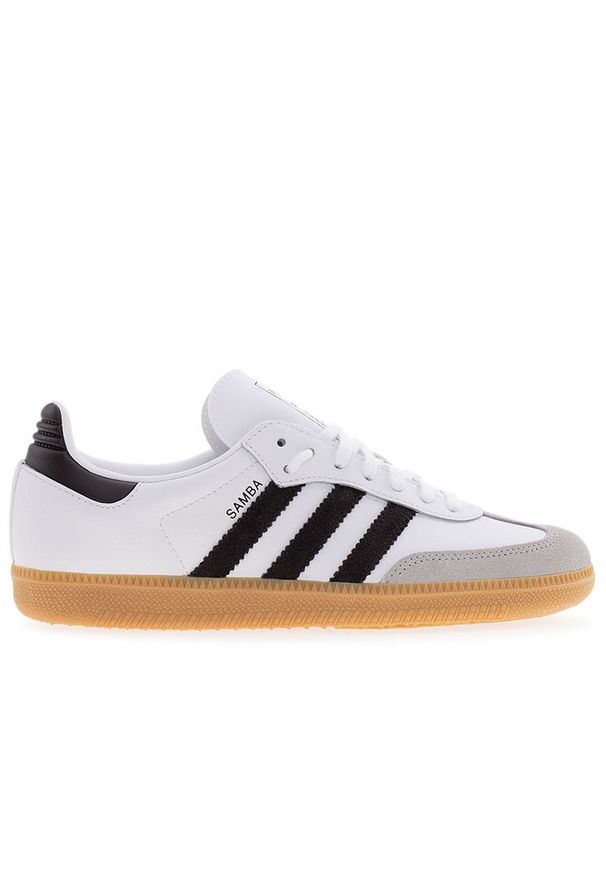 Adidas - Buty młodzieżowe adidas Originals Samba OG J JQ2020 - białe. Okazja: na co dzień. Zapięcie: sznurówki. Kolor: biały. Materiał: skóra, syntetyk, zamsz, guma. Szerokość cholewki: normalna