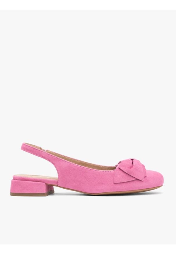 Ryłko - Różowe czółenka slingback bez pięty z kokardką. Kolor: różowy. Materiał: welur, skóra. Obcas: na obcasie. Styl: elegancki, street. Wysokość obcasa: średni