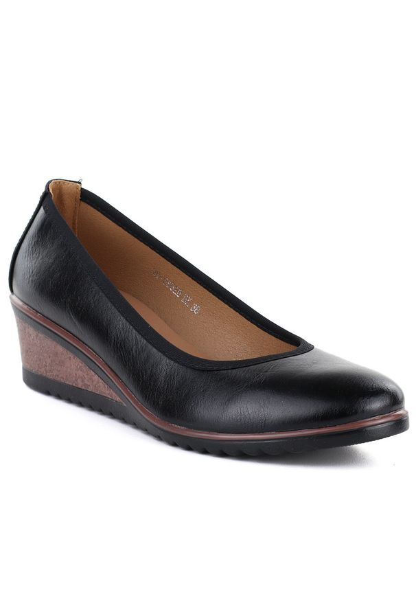 Półbuty damskie na koturnie czarne Vinceza 58628. Kolor: czarny. Materiał: skóra ekologiczna. Obcas: na koturnie