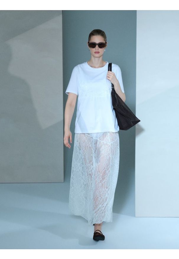 Sinsay - Koronkowa spódnica maxi - kremowy. Kolor: kremowy. Materiał: koronka