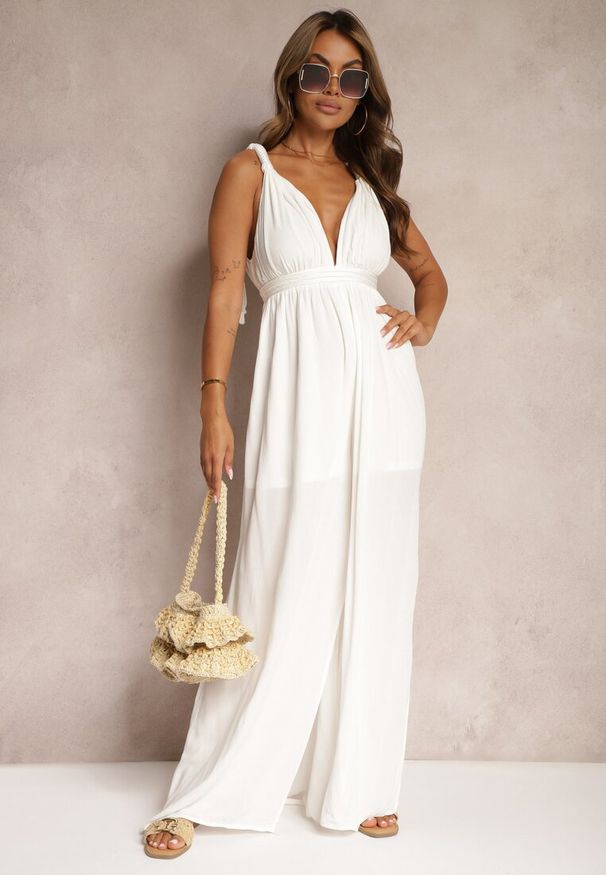 Renee - Biały Kombinezon bez Rękawów z Gumką w Talii z Wiskozy i Lnu Nehir. Kolor: biały. Materiał: wiskoza, len. Długość rękawa: bez rękawów. Wzór: aplikacja. Sezon: wiosna, lato