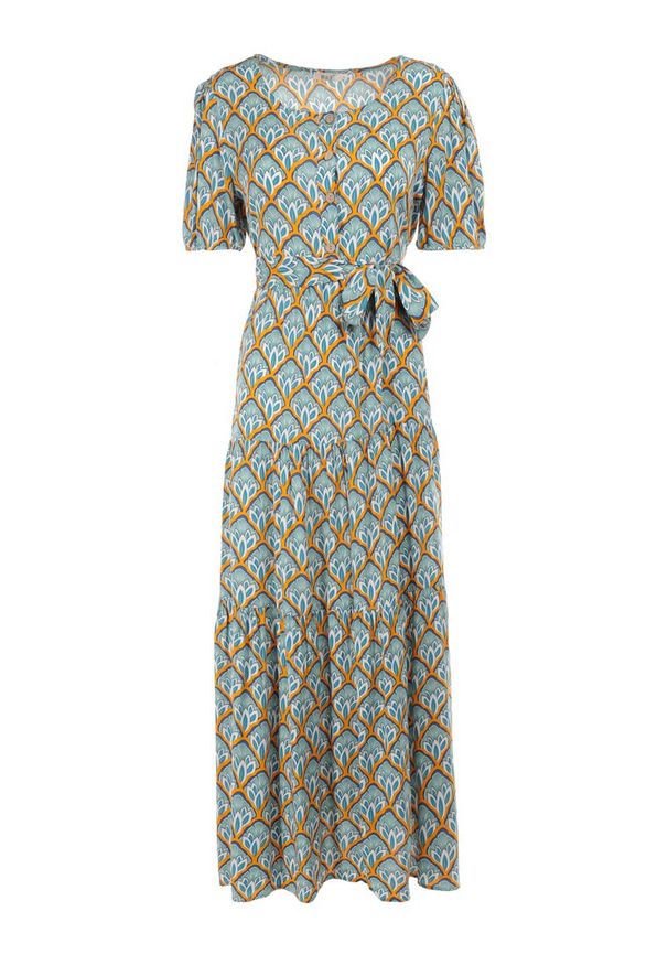 Born2be - Miętowa Sukienka Melenope. Kolor: miętowy. Materiał: tkanina, wiskoza, materiał. Długość rękawa: krótki rękaw. Wzór: nadruk, kolorowy. Styl: klasyczny, wakacyjny. Długość: maxi