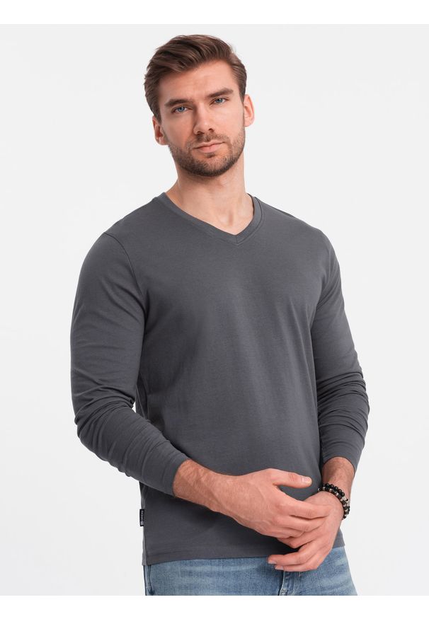 Ombre Clothing - Longsleeve męski bez nadruku z dekoltem w serek - grafitowy V4 - Rozmiar: L. Okazja: na co dzień. Typ kołnierza: dekolt w serek. Kolor: szary. Materiał: materiał, bawełna. Długość rękawa: długi rękaw. Długość: długie. Wzór: gładki, jednolity. Styl: klasyczny, casual, elegancki