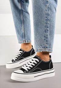 Born2be - Czarne Klasyczne Trampki na Grubej Podeszwie Natileva. Okazja: na co dzień. Kolor: czarny. Materiał: jeans. Szerokość cholewki: normalna. Styl: klasyczny