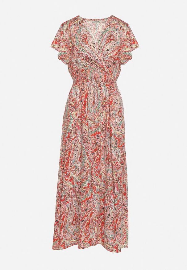 Born2be - Czerwono-Beżowa Sukienka z Metalicznym Nadrukiem Gumką w Pasie i Kopertowym Dekoltem Vinara. Okazja: na co dzień. Typ kołnierza: dekolt kopertowy. Kolor: czerwony. Wzór: nadruk. Sezon: lato. Typ sukienki: kopertowe. Styl: casual