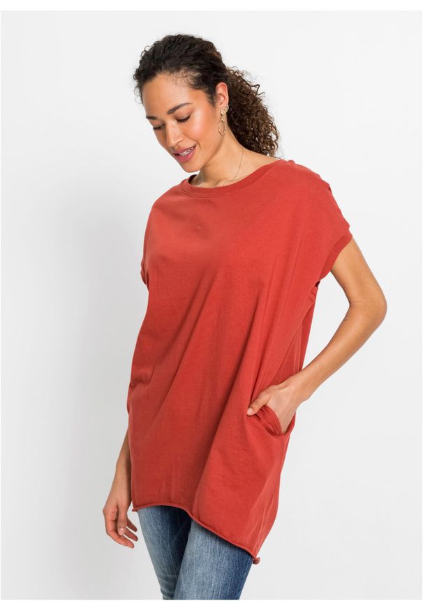 bonprix - Długi shirt oversize. Kolor: czerwony. Długość rękawa: krótki rękaw. Długość: długie