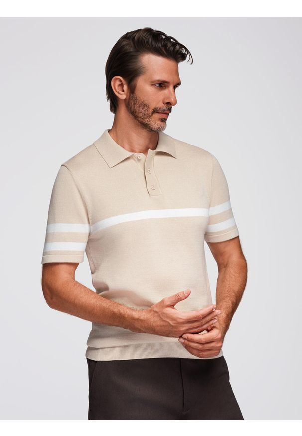 Ombre Clothing - Męska koszulka polo z miękkiej dzianiny z kontrastowymi pasami - beżowa V4 - Rozmiar: XXL. Okazja: na co dzień. Typ kołnierza: polo. Kolor: beżowy. Materiał: dzianina. Długość: krótkie. Wzór: paski. Styl: casual