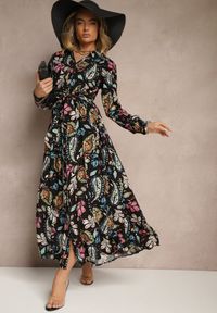 Renee - Czarna Sukienka Phellane. Kolor: czarny. Materiał: wiskoza, materiał. Długość rękawa: długi rękaw. Wzór: paisley, kwiaty, nadruk. Długość: maxi