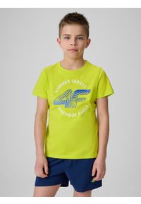 4f - 4F T-shirt loose z nadrukiem chłopięcy - zielony 152 (11-12 lat). Okazja: na co dzień, na uczelnię. Kolor: zielony. Materiał: skóra, dresówka, dzianina, materiał, bawełna. Wzór: nadruk. Sezon: lato. Styl: casual #1