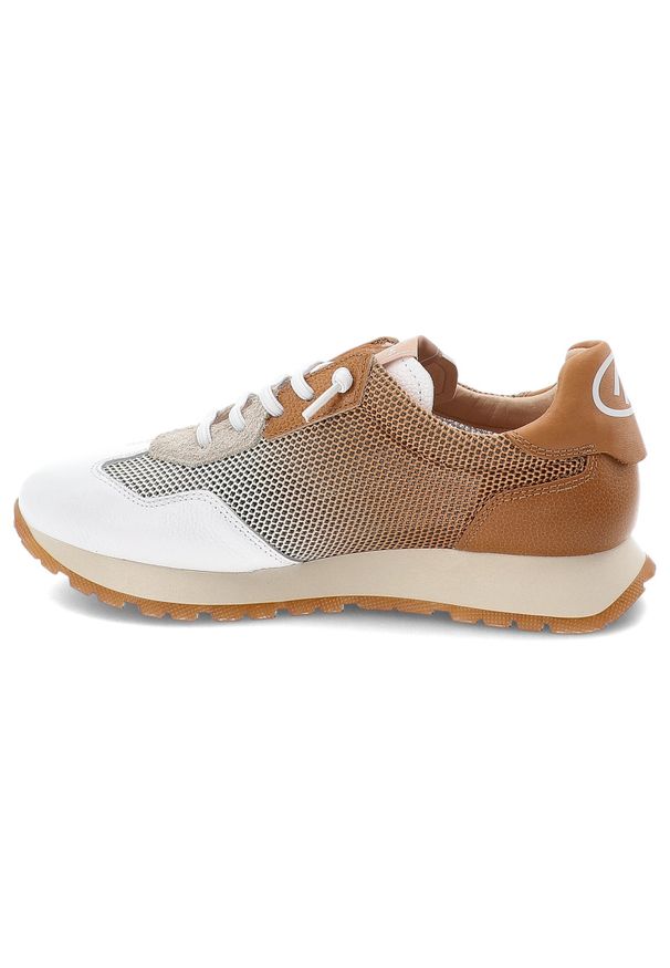 Biało-Brązowe Sneakersy Hispanitas Stylowe Wygodne Obuwie Damskie. Okazja: na co dzień. Zapięcie: sznurówki. Kolor: biały. Materiał: skóra. Szerokość cholewki: normalna. Styl: elegancki