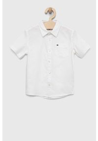 TOMMY HILFIGER - Tommy Hilfiger koszula dziecięca kolor biały. Typ kołnierza: kołnierzyk klasyczny. Kolor: biały. Materiał: tkanina, bawełna. Wzór: gładki. Styl: klasyczny