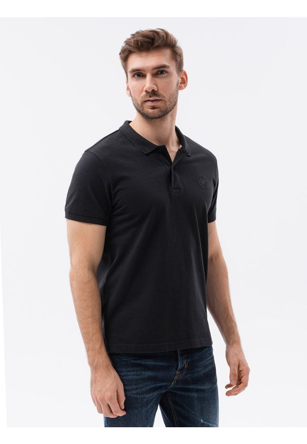 Ombre Clothing - Koszulka męska polo z dzianiny pique - czarna V1 - Rozmiar: S. Typ kołnierza: polo. Kolor: czarny. Materiał: dzianina. Wzór: haft. Styl: klasyczny