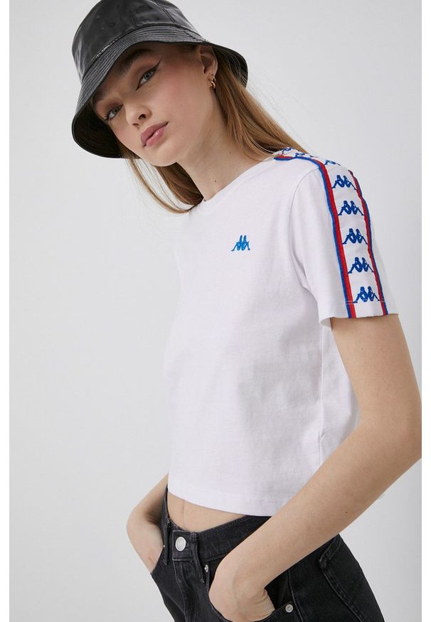 Kappa t-shirt bawełniany kolor biały. Okazja: na co dzień. Kolor: biały. Materiał: bawełna. Wzór: aplikacja. Styl: casual