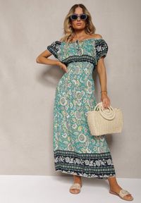 Renee - Zielona Sukienka z Bawełny z Gumką w Pasie i Wiązaniem przy Dekolcie Hiletta. Okazja: na co dzień. Kolor: zielony. Materiał: bawełna. Styl: casual
