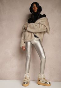 Renee - Srebrne Spodnie z Ekoskóry Skinny High Waist Ocieplane Polarową Wyściółką Lavimi. Okazja: na spacer, na co dzień. Stan: podwyższony. Kolor: srebrny. Materiał: polar. Wzór: aplikacja. Styl: casual, elegancki #5