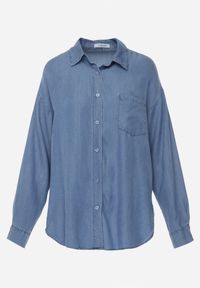 Born2be - Niebieska Koszula Jeansowa z Bawełną Ozdobiona Kieszonką Koreti. Okazja: na co dzień. Kolor: niebieski. Materiał: jeans, bawełna. Wzór: aplikacja. Styl: casual, klasyczny, elegancki #2