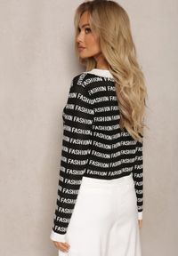 Renee - Czarno-Biały Krótki Kardigan z Napisami Fashion i Guzikami Winifa. Kolor: czarny. Długość: krótkie. Wzór: napisy #5