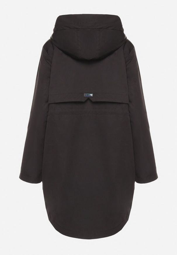 Born2be - Czarna Kurtka Parka z Podpinanymi Rękawami i Kapturem ze Wstawkami w Kratę Kaithna. Kolor: czarny. Materiał: jeans. Wzór: kratka. Styl: elegancki, klasyczny